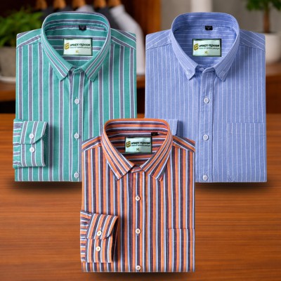 Turquoise Green & Sky Blue & Burnt Orange Stripe Shirt