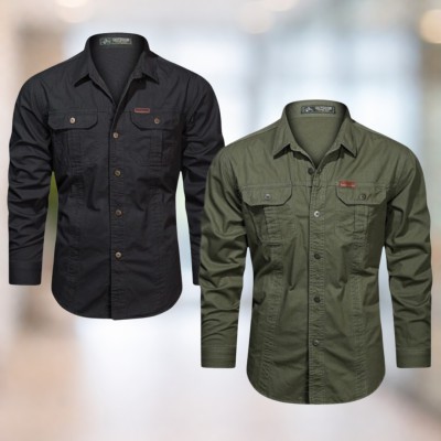 Black & Olive green Full sleeves double pocket panel Shirt