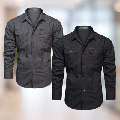 Charcoal gray & Black Full sleeves double pocket panel Shirt