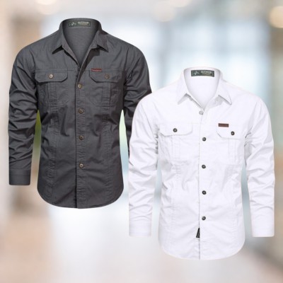 Charcoal gray & White Full sleeves double pocket panel Shirt