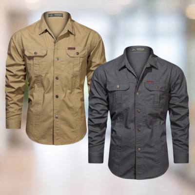 Brownish-beige & Charcoal gray  Full sleeves double pocket panel Shirt