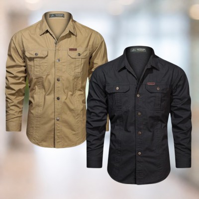 Brownish-beige & Black  Full sleeves double pocket panel Shirt