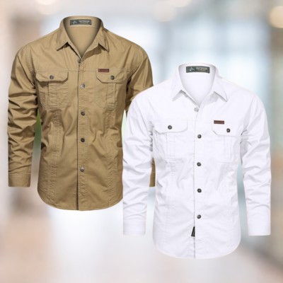 Brownish-beige & White Full sleeves double pocket panel Shirt