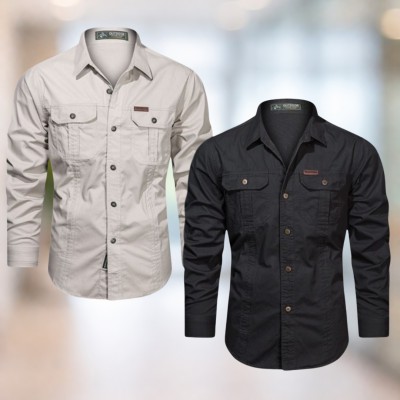 light beige & Black Full sleeves double pocket panel Shirt