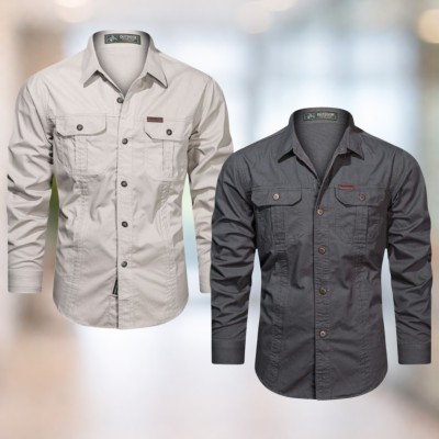 light beige & Charcoal gray Full sleeves double pocket panel Shirt