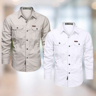light beige & White Full sleeves double pocket panel Shirt