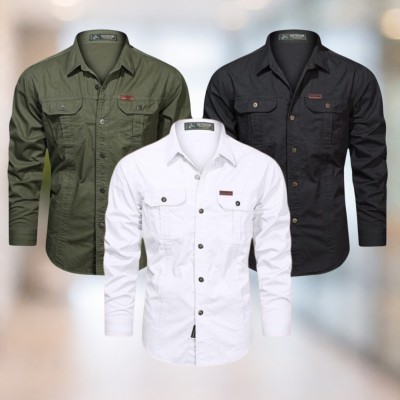 Olive green & Black & White Full sleeves double pocket panel Shirt