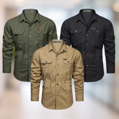 Olive green & Black & Brownish-beige Full sleeves double pocket panel Shirt