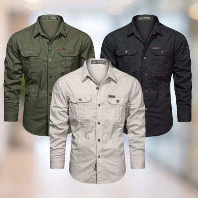 Olive green & Black & light beige  Full sleeves double pocket panel Shirt