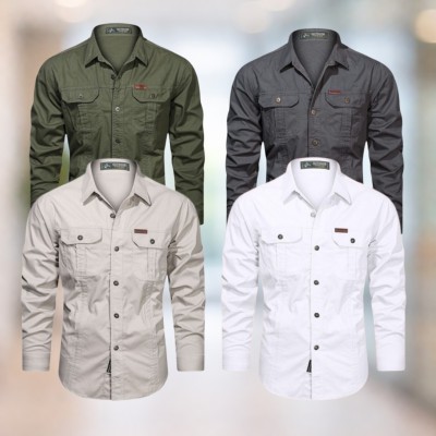 Olive green & Charcoal gray & light beige & White Full sleeves double pocket panel Shirt