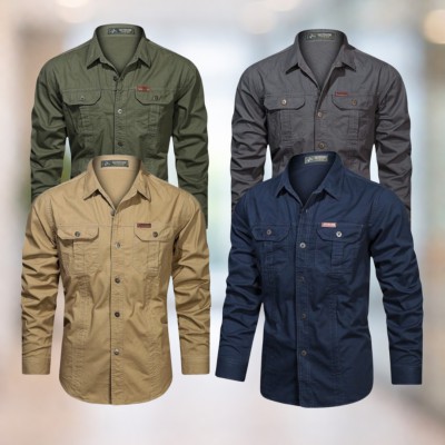 Olive green & Charcoal gray & Brownish-beige & Navy blue Full sleeves double pocket panel Shirt