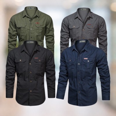 Olive green & Charcoal gray & Black & Navy blue Full sleeves double pocket panel Shirt